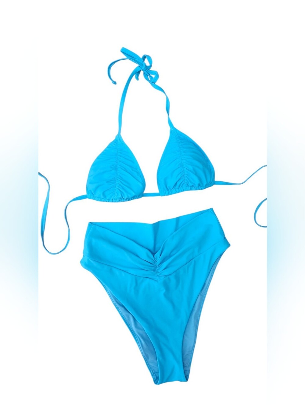 Aerie L Bikini Set High Waist Bottoms Triangle Top Sky Turquoise